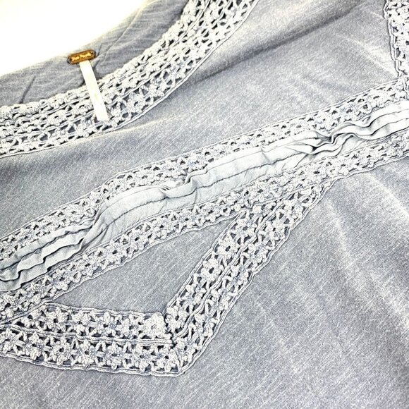 Free People Macrame Peasant Style Long Sleeve Top Slate Blue Size Extra Small - Picture 5 of 6
